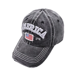 Distressed America baseball cap with 1776 embroidery and US flag patch in charcoal grey
