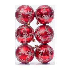 Lot de 6 boules de Noël rouges de 8cm avec motifs pailletés argentés pour sapin
