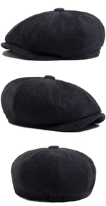 Three-angle views showing charcoal wool texture of a vintage newsboy cap with top button