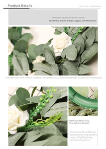 Detailed macro view showing white silk roses and eucalyptus leaves on a plastic base
