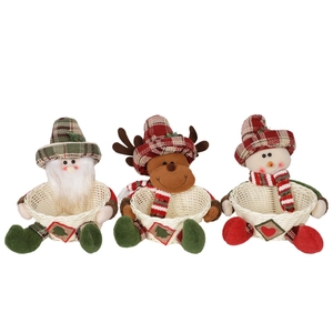 Three-piece Christmas candy basket set featuring plush Santa, reindeer, and snowman dolls