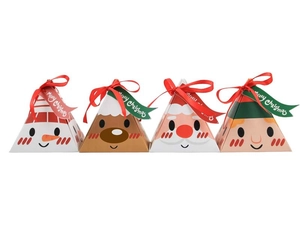 Detailed view of four colorful triangular Christmas gift boxes with festive character prints