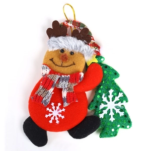 Plush Christmas reindeer hanging ornament holding a sequin tree for holiday decoration