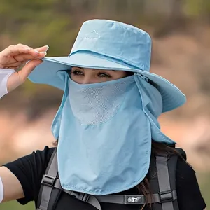 Chapeau de soleil bleu clair avec large bord, masque amovible et protection de nuque