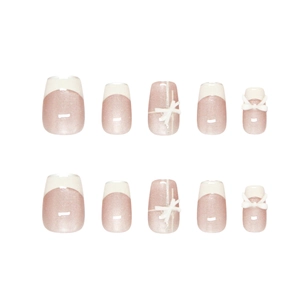 Pink French press-on nails with white bows and cat-eye pearl finish in square shape