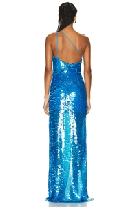 Blue sequined backless one-shoulder floor-length dress with a high slit silhouette