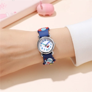 Kids astronaut watch with blue silicone strap and colorful rocket cartoon design