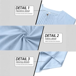 Men's light blue pleated linen shirt featuring neckline, fabric texture, and hem stitching details