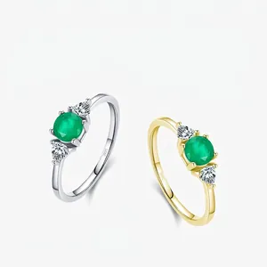 925 Sterling Silver Ring For Women Round Green Emerald Zircon Clear Side Stones Minimalist Classic Jewelry Accessory