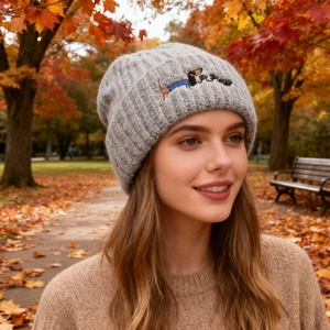 Gray knit beanie with dachshund embroidery for women, perfect for autumn outdoor styling