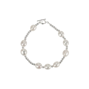 Baroque natural freshwater pearl bracelet with silver beads and toggle clasp on white background