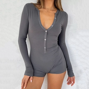 Pagliaccetto Donna Manica Lunga Costine Bottoni Scollo A V Sexy Aderente Jumpsuit Casual Bodycon