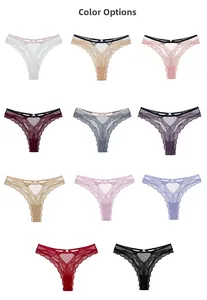 Detailed color selection showing eleven lace thongs with heart metal charms in a grid view