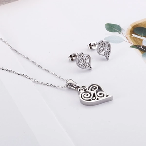 Detailed view of silver heart jewelry set featuring hollow texture necklace and earrings