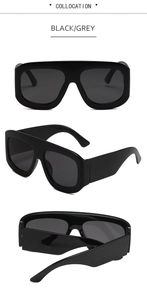 Three-angle views of black oversized square sunglasses with grey lenses in high-gloss finish