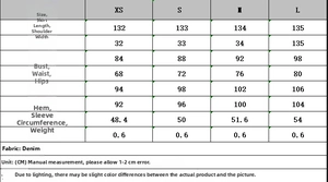Detailed size chart for denim dress showing bust, waist, and length in CM units