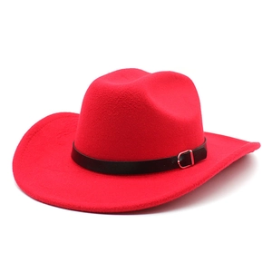 Detail of red wool felt fedora with black leather belt and silver buckle accent