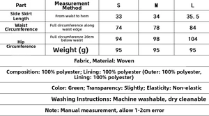 Detailed size chart and fabric specifications for green embroidered backless shorts set