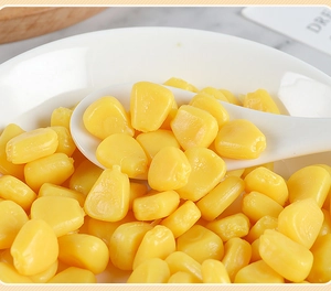 Macro shot of realistic yellow PVC corn kernels in a white bowl for food photography props