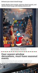 Detail of Merry Christmas window stickers featuring snowman and Santa Claus decals