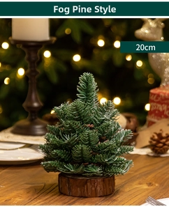 Close-up of a 20cm mini Christmas tree with rime finish on a natural wooden base