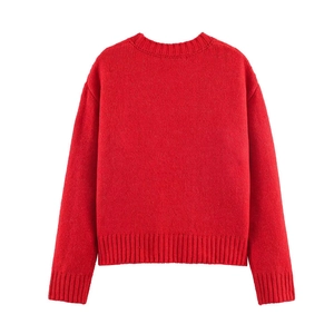 Classic red long-sleeve knit sweater with ribbed cuffs and crew neck in flat lay view