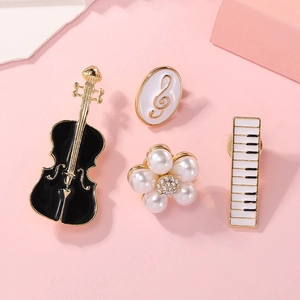 Music Theme Brooch Alloy Enamel Violin Piano Keyboard Artificial Pearl Flower Decorative Pin Jewelry For Women Suits Dresses