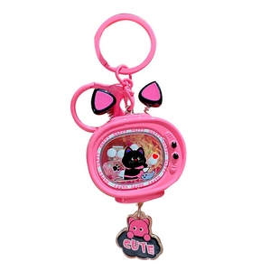 Pink cartoon cat TV keychain with liquid quicksand effect on a clean white background