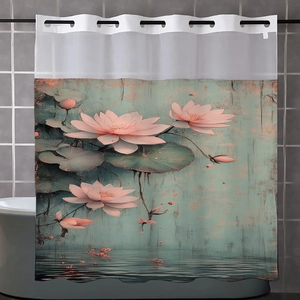 Detail of waterproof shower curtain with abstract lotus flowers and breathable top mesh