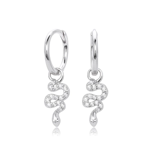 S925 sterling silver snake earrings with white cubic zirconia on white background