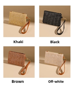 Straw texture wristlet coin purses in khaki, black, brown, and beige with zippers