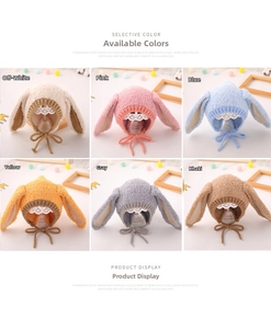 Detailed grid view of plush baby winter hats with rabbit ears in six different colors