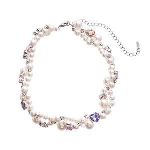 Double-layer pearl heart necklace with colorful rhinestones and adjustable metal chain