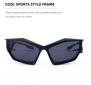 Detail of matte black Y2K futuristic sports sunglasses with geometric frame and cool style