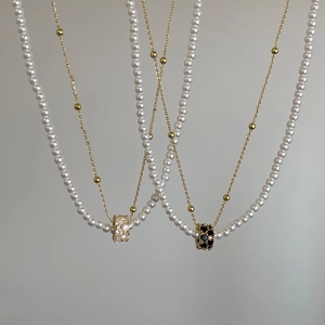 Collier De Künstliche Perles Double Couche En Cuivre Avec Pendentif Boule En Zircon Élégant Chaîne De Clavicule Bijoux Pour Femmes