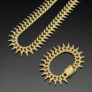 Golden 20mm iced out Cuban link necklace and bracelet set with star pattern rhinestones