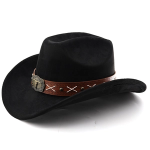 Chapeau de cowboy noir en daim avec ceinture en cuir vintage et boucle de tête de taureau
