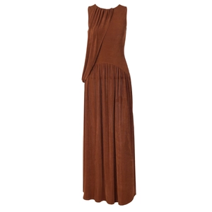 Detailed close-up of brown sleeveless dress featuring ruched neckline and ribbed texture