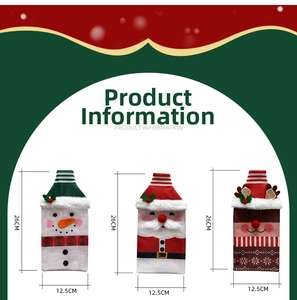 Detailed view of Christmas wine bottle covers with Santa, snowman and reindeer designs
