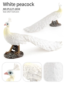 Detail view of white peacock model showing feather texture and 24x7.7x14.2cm dimensions