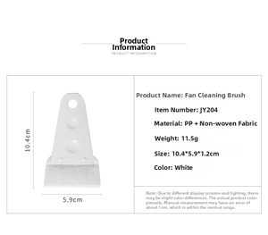 Detailed specs of white fan cleaning brush with PP handle and non-woven fabric head