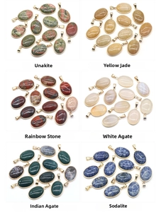 Detailed grid of six assorted natural agate and crystal oval pendants with gold plating