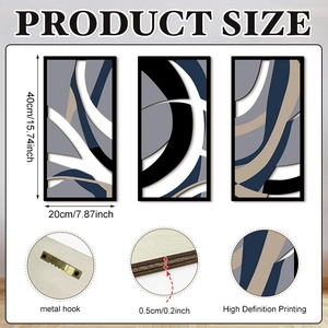 Detail of metal hook and 0.5cm thickness on geometric abstract wooden wall art set
