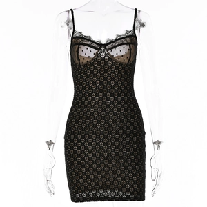 Abito corto sexy in pizzo nero a pois con schiena scoperta e spalline sottili