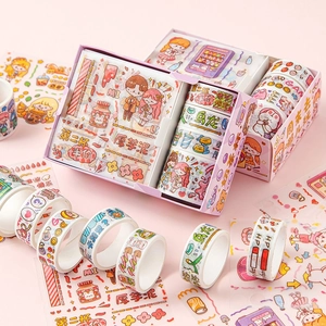 DIY cartoon stationery set featuring milk tea and dessert themed washi tapes and stickers