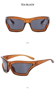 Front and side views of trendy oversized tea-black rectangle sunglasses with dark lenses