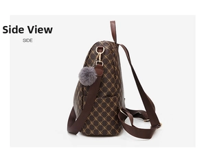 Side view of retro brown faux leather backpack with geometric logo pattern and plush ball