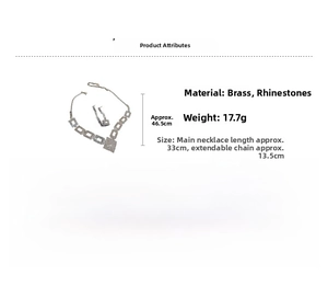 Detail view of rhinestone geometric square necklace and earrings set with measurements
