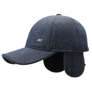 Winter padded earflap baseball cap for seniors with blue-black heather knit texture