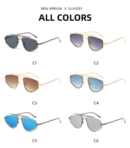 Grid view of modern polygonal metal frame sunglasses in six different lens colors
